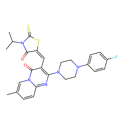 (E)-5-((2-(4-(4-fluorophenyl)piperazin-1-yl)-7-methyl-4-oxo-4H-pyrido[1,2-a]pyrimidin-3-yl)methylene)-3-isopropyl-2-thioxothiazolidin-4-one structure