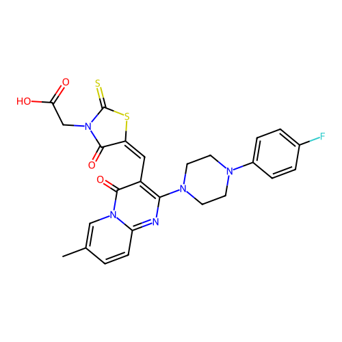 (E)-2-(5-((2-(4-(4-fluorophenyl)piperazin-1-yl)-7-methyl-4-oxo-4H-pyrido[1,2-a]pyrimidin-3-yl)methylene)-4-oxo-2-thioxothiazolidin-3-yl)acetic acid structure