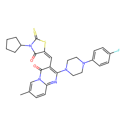 (E)-3-cyclopentyl-5-((2-(4-(4-fluorophenyl)piperazin-1-yl)-7-methyl-4-oxo-4H-pyrido[1,2-a]pyrimidin-3-yl)methylene)-2-thioxothiazolidin-4-one structure