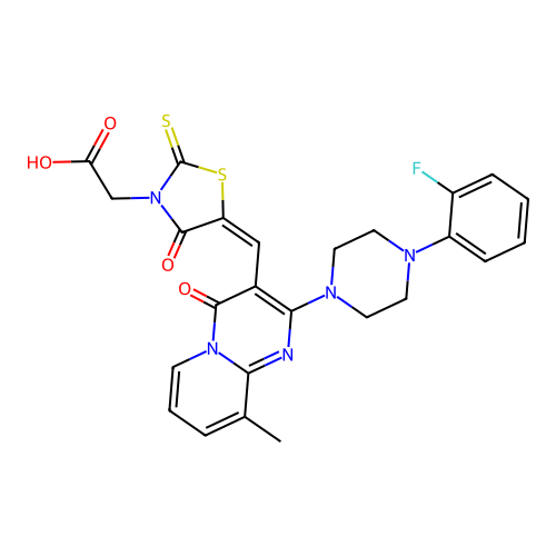 (E)-2-(5-((2-(4-(2-fluorophenyl)piperazin-1-yl)-9-methyl-4-oxo-4H-pyrido[1,2-a]pyrimidin-3-yl)methylene)-4-oxo-2-thioxothiazolidin-3-yl)acetic acid structure
