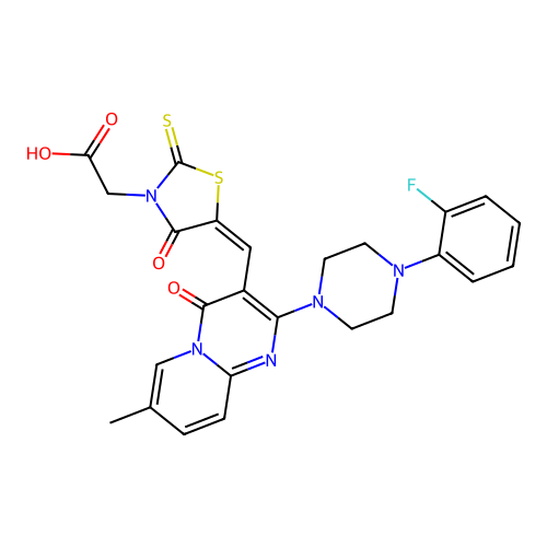 (E)-2-(5-((2-(4-(2-fluorophenyl)piperazin-1-yl)-7-methyl-4-oxo-4H-pyrido[1,2-a]pyrimidin-3-yl)methylene)-4-oxo-2-thioxothiazolidin-3-yl)acetic acid structure
