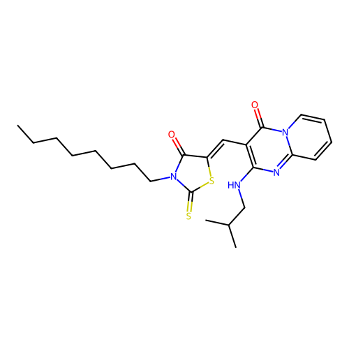 2-[(2-methylpropyl)amino]-3-[(Z)-(3-octyl-4-oxo-2-thioxo-1,3-thiazolidin-5-ylidene)methyl]-4H-pyrido[1,2-a]pyrimidin-4-one structure