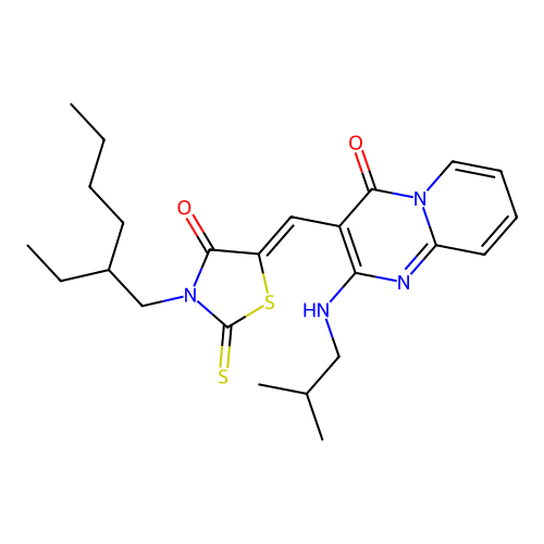 3-{(Z)-[3-(2-ethylhexyl)-4-oxo-2-thioxo-1,3-thiazolidin-5-ylidene]methyl}-2-[(2-methylpropyl)amino]-4H-pyrido[1,2-a]pyrimidin-4-one structure