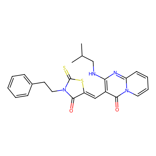 (Z)-5-((2-(isobutylamino)-4-oxo-4H-pyrido[1,2-a]pyrimidin-3-yl)methylene)-3-phenethyl-2-thioxothiazolidin-4-one structure