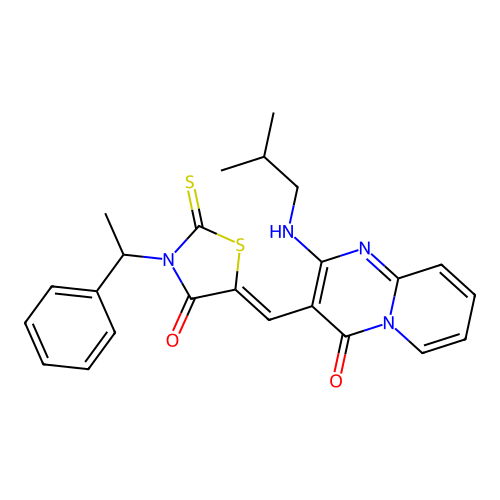 2-[(2-methylpropyl)amino]-3-{(Z)-[4-oxo-3-(1-phenylethyl)-2-thioxo-1,3-thiazolidin-5-ylidene]methyl}-4H-pyrido[1,2-a]pyrimidin-4-one structure