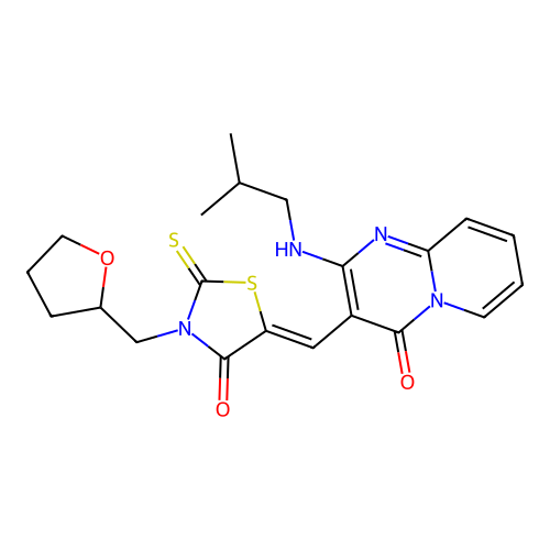 2-[(2-methylpropyl)amino]-3-{(Z)-[4-oxo-3-(tetrahydrofuran-2-ylmethyl)-2-thioxo-1,3-thiazolidin-5-ylidene]methyl}-4H-pyrido[1,2-a]pyrimidin-4-one structure