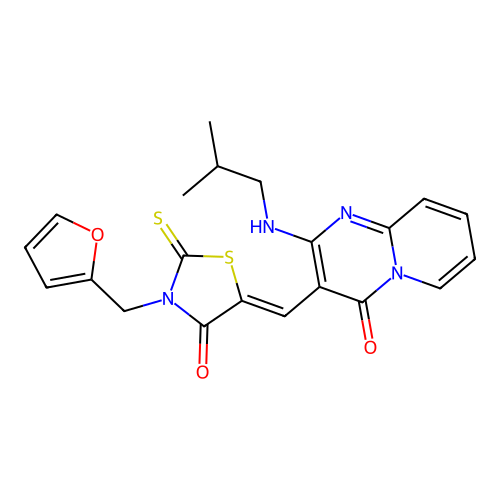 (Z)-3-(furan-2-ylmethyl)-5-((2-(isobutylamino)-4-oxo-4H-pyrido[1,2-a]pyrimidin-3-yl)methylene)-2-thioxothiazolidin-4-one structure