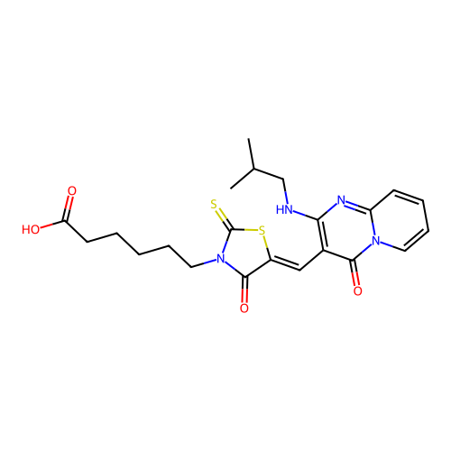 (Z)-6-(5-((2-(isobutylamino)-4-oxo-4H-pyrido[1,2-a]pyrimidin-3-yl)methylene)-4-oxo-2-thioxothiazolidin-3-yl)hexanoic acid structure