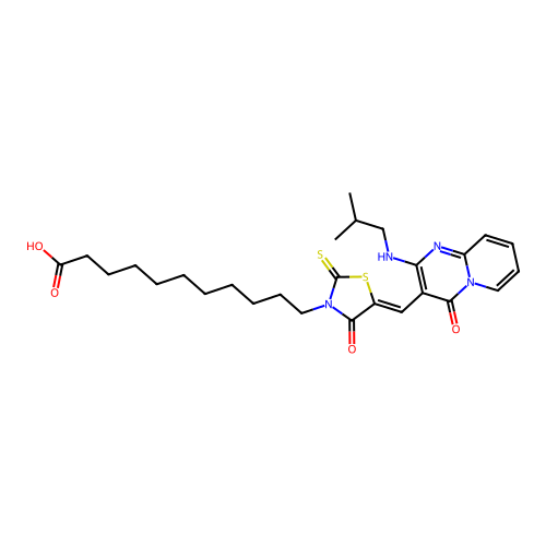 (Z)-11-(5-((2-(isobutylamino)-4-oxo-4H-pyrido[1,2-a]pyrimidin-3-yl)methylene)-4-oxo-2-thioxothiazolidin-3-yl)undecanoic acid structure