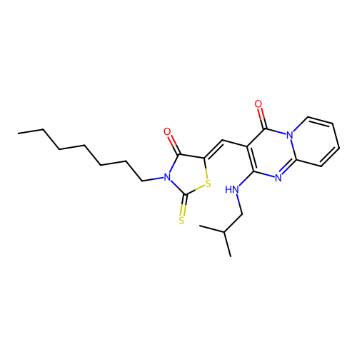 3-[(Z)-(3-heptyl-4-oxo-2-thioxo-1,3-thiazolidin-5-ylidene)methyl]-2-[(2-methylpropyl)amino]-4H-pyrido[1,2-a]pyrimidin-4-one structure