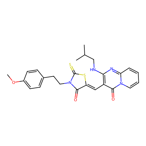 3-[(Z)-{3-[2-(4-methoxyphenyl)ethyl]-4-oxo-2-thioxo-1,3-thiazolidin-5-ylidene}methyl]-2-[(2-methylpropyl)amino]-4H-pyrido[1,2-a]pyrimidin-4-one structure