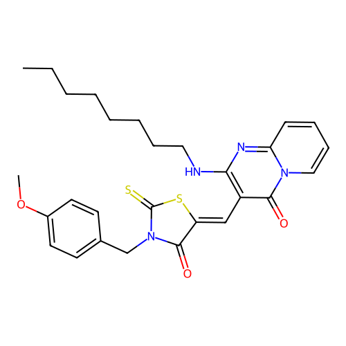 3-{(Z)-[3-(4-methoxybenzyl)-4-oxo-2-thioxo-1,3-thiazolidin-5-ylidene]methyl}-2-(octylamino)-4H-pyrido[1,2-a]pyrimidin-4-one structure
