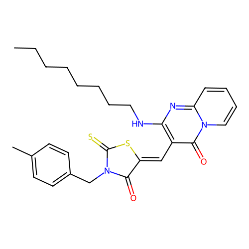 3-{(Z)-[3-(4-methylbenzyl)-4-oxo-2-thioxo-1,3-thiazolidin-5-ylidene]methyl}-2-(octylamino)-4H-pyrido[1,2-a]pyrimidin-4-one structure
