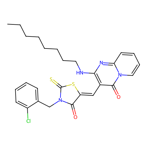 3-{(Z)-[3-(2-chlorobenzyl)-4-oxo-2-thioxo-1,3-thiazolidin-5-ylidene]methyl}-2-(octylamino)-4H-pyrido[1,2-a]pyrimidin-4-one structure