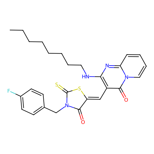 3-{(Z)-[3-(4-fluorobenzyl)-4-oxo-2-thioxo-1,3-thiazolidin-5-ylidene]methyl}-2-(octylamino)-4H-pyrido[1,2-a]pyrimidin-4-one structure