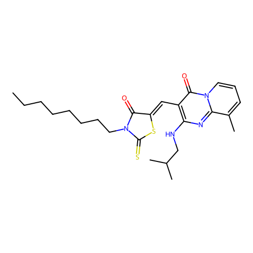 9-methyl-2-[(2-methylpropyl)amino]-3-[(Z)-(3-octyl-4-oxo-2-thioxo-1,3-thiazolidin-5-ylidene)methyl]-4H-pyrido[1,2-a]pyrimidin-4-one structure