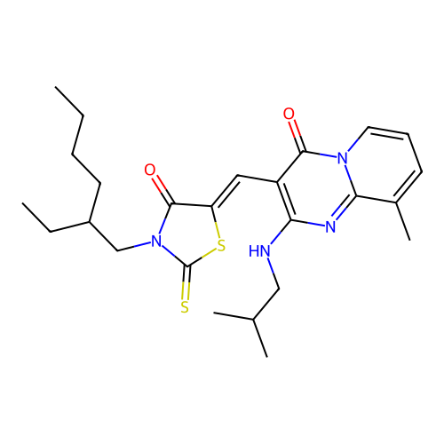 (Z)-3-(2-ethylhexyl)-5-((2-(isobutylamino)-9-methyl-4-oxo-4H-pyrido[1,2-a]pyrimidin-3-yl)methylene)-2-thioxothiazolidin-4-one structure