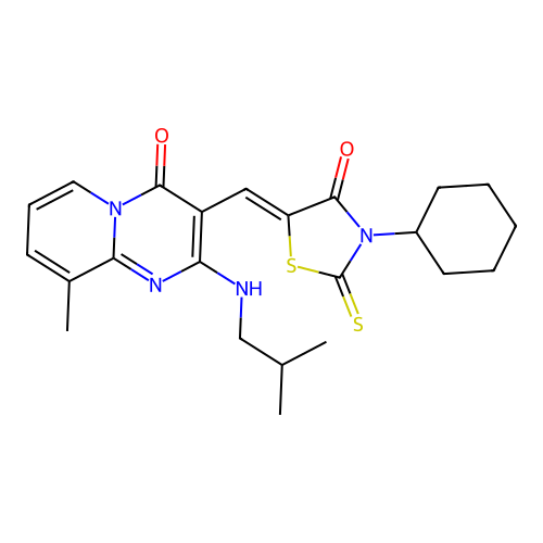 3-[(Z)-(3-cyclohexyl-4-oxo-2-thioxo-1,3-thiazolidin-5-ylidene)methyl]-9-methyl-2-[(2-methylpropyl)amino]-4H-pyrido[1,2-a]pyrimidin-4-one structure