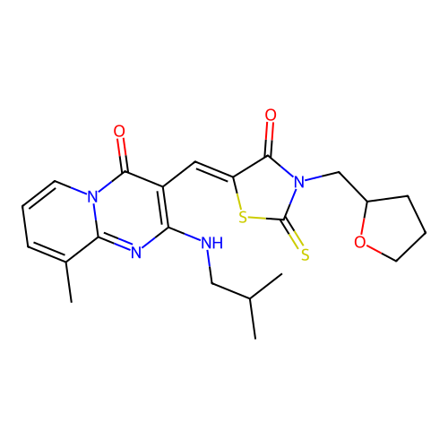 (Z)-5-((2-(isobutylamino)-9-methyl-4-oxo-4H-pyrido[1,2-a]pyrimidin-3-yl)methylene)-3-((tetrahydrofuran-2-yl)methyl)-2-thioxothiazolidin-4-one structure