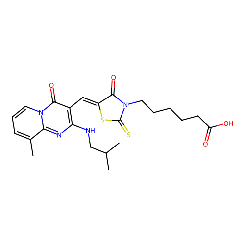 (Z)-6-(5-((2-(isobutylamino)-9-methyl-4-oxo-4H-pyrido[1,2-a]pyrimidin-3-yl)methylene)-4-oxo-2-thioxothiazolidin-3-yl)hexanoic acid structure