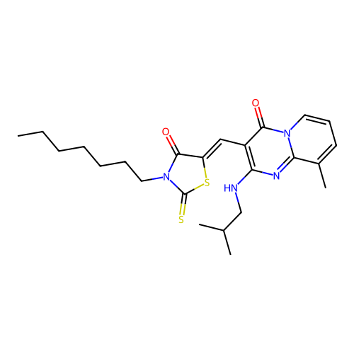 3-[(Z)-(3-heptyl-4-oxo-2-thioxo-1,3-thiazolidin-5-ylidene)methyl]-9-methyl-2-[(2-methylpropyl)amino]-4H-pyrido[1,2-a]pyrimidin-4-one structure
