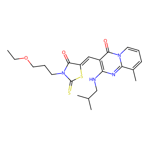 3-{(Z)-[3-(3-ethoxypropyl)-4-oxo-2-thioxo-1,3-thiazolidin-5-ylidene]methyl}-9-methyl-2-[(2-methylpropyl)amino]-4H-pyrido[1,2-a]pyrimidin-4-one structure