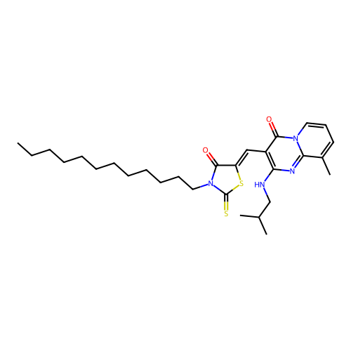 3-[(Z)-(3-dodecyl-4-oxo-2-thioxo-1,3-thiazolidin-5-ylidene)methyl]-9-methyl-2-[(2-methylpropyl)amino]-4H-pyrido[1,2-a]pyrimidin-4-one structure