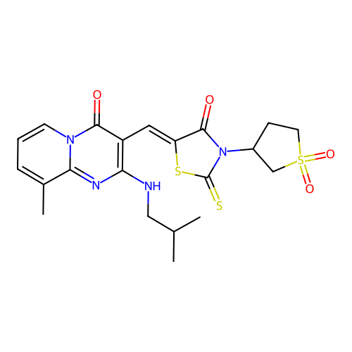 3-{(Z)-[3-(1,1-dioxidotetrahydrothiophen-3-yl)-4-oxo-2-thioxo-1,3-thiazolidin-5-ylidene]methyl}-9-methyl-2-[(2-methylpropyl)amino]-4H-pyrido[1,2-a]pyrimidin-4-one structure