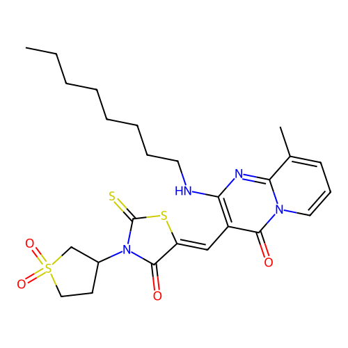 3-{(Z)-[3-(1,1-dioxidotetrahydrothiophen-3-yl)-4-oxo-2-thioxo-1,3-thiazolidin-5-ylidene]methyl}-9-methyl-2-(octylamino)-4H-pyrido[1,2-a]pyrimidin-4-one structure