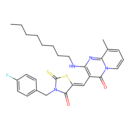 3-{(Z)-[3-(4-fluorobenzyl)-4-oxo-2-thioxo-1,3-thiazolidin-5-ylidene]methyl}-9-methyl-2-(octylamino)-4H-pyrido[1,2-a]pyrimidin-4-one structure