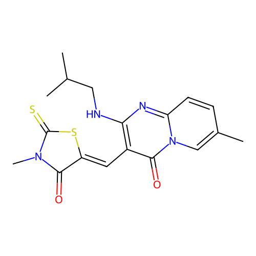 7-methyl-3-[(Z)-(3-methyl-4-oxo-2-thioxo-1,3-thiazolidin-5-ylidene)methyl]-2-[(2-methylpropyl)amino]-4H-pyrido[1,2-a]pyrimidin-4-one structure