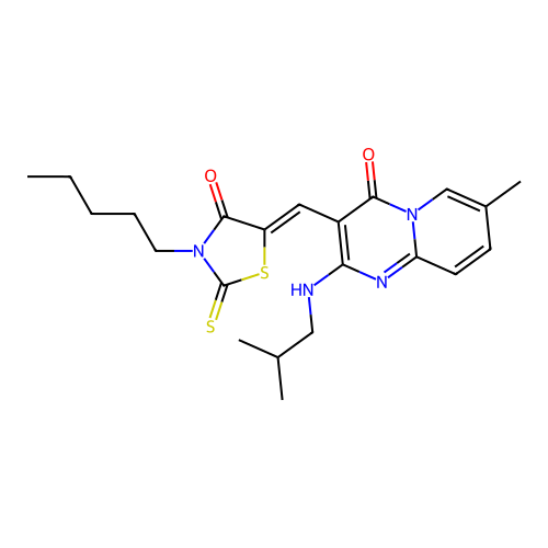 7-methyl-2-[(2-methylpropyl)amino]-3-[(Z)-(4-oxo-3-pentyl-2-thioxo-1,3-thiazolidin-5-ylidene)methyl]-4H-pyrido[1,2-a]pyrimidin-4-one structure