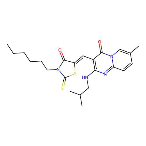 (Z)-3-hexyl-5-((2-(isobutylamino)-7-methyl-4-oxo-4H-pyrido[1,2-a]pyrimidin-3-yl)methylene)-2-thioxothiazolidin-4-one structure