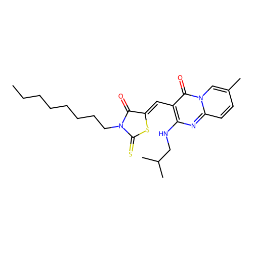 7-methyl-2-[(2-methylpropyl)amino]-3-[(Z)-(3-octyl-4-oxo-2-thioxo-1,3-thiazolidin-5-ylidene)methyl]-4H-pyrido[1,2-a]pyrimidin-4-one structure