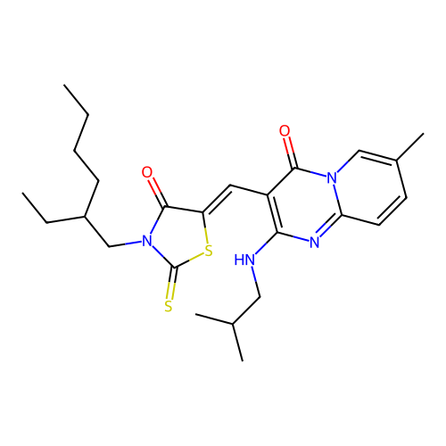 (Z)-3-(2-ethylhexyl)-5-((2-(isobutylamino)-7-methyl-4-oxo-4H-pyrido[1,2-a]pyrimidin-3-yl)methylene)-2-thioxothiazolidin-4-one structure