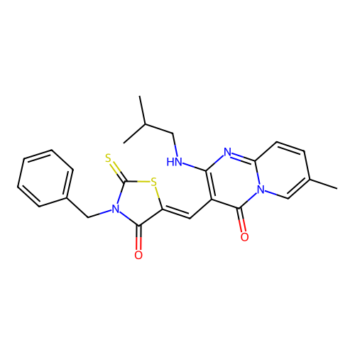 3-[(Z)-(3-benzyl-4-oxo-2-thioxo-1,3-thiazolidin-5-ylidene)methyl]-7-methyl-2-[(2-methylpropyl)amino]-4H-pyrido[1,2-a]pyrimidin-4-one structure