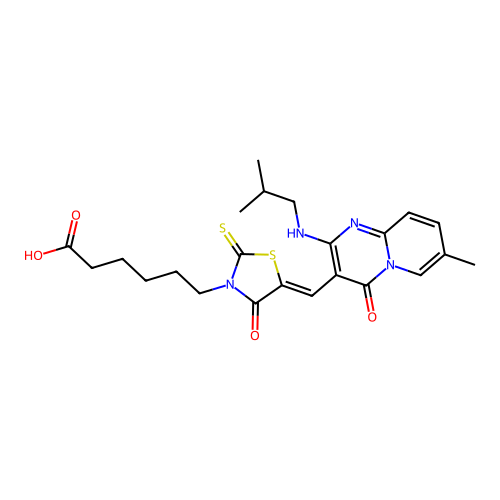 (Z)-6-(5-((2-(isobutylamino)-7-methyl-4-oxo-4H-pyrido[1,2-a]pyrimidin-3-yl)methylene)-4-oxo-2-thioxothiazolidin-3-yl)hexanoic acid structure