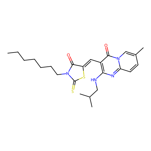 3-[(Z)-(3-heptyl-4-oxo-2-thioxo-1,3-thiazolidin-5-ylidene)methyl]-7-methyl-2-[(2-methylpropyl)amino]-4H-pyrido[1,2-a]pyrimidin-4-one structure