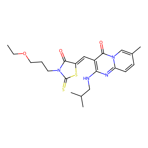 3-{(Z)-[3-(3-ethoxypropyl)-4-oxo-2-thioxo-1,3-thiazolidin-5-ylidene]methyl}-7-methyl-2-[(2-methylpropyl)amino]-4H-pyrido[1,2-a]pyrimidin-4-one structure
