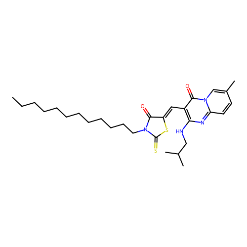 3-[(Z)-(3-dodecyl-4-oxo-2-thioxo-1,3-thiazolidin-5-ylidene)methyl]-7-methyl-2-[(2-methylpropyl)amino]-4H-pyrido[1,2-a]pyrimidin-4-one structure