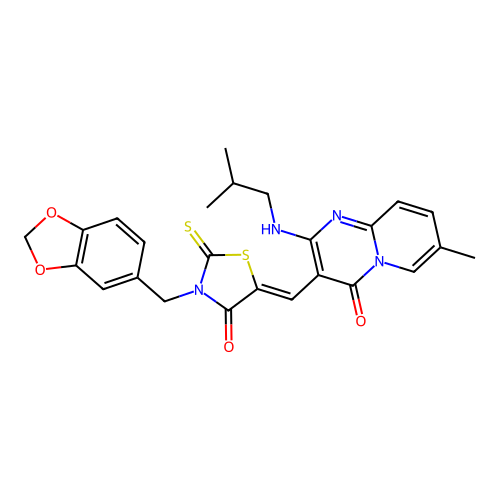 3-{(Z)-[3-(1,3-benzodioxol-5-ylmethyl)-4-oxo-2-thioxo-1,3-thiazolidin-5-ylidene]methyl}-7-methyl-2-[(2-methylpropyl)amino]-4H-pyrido[1,2-a]pyrimidin-4-one structure