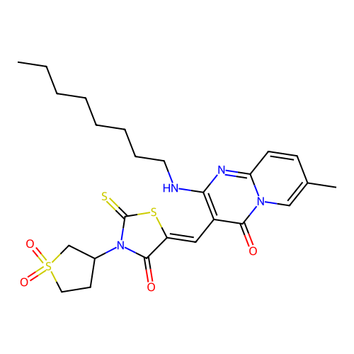 3-{(Z)-[3-(1,1-dioxidotetrahydrothiophen-3-yl)-4-oxo-2-thioxo-1,3-thiazolidin-5-ylidene]methyl}-7-methyl-2-(octylamino)-4H-pyrido[1,2-a]pyrimidin-4-one structure