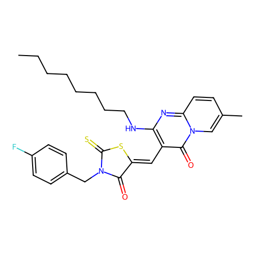3-{(Z)-[3-(4-fluorobenzyl)-4-oxo-2-thioxo-1,3-thiazolidin-5-ylidene]methyl}-7-methyl-2-(octylamino)-4H-pyrido[1,2-a]pyrimidin-4-one structure