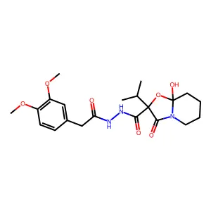 N'-[2-(3,4-dimethoxyphenyl)acetyl]-8a-hydroxy-3-oxo-2-propan-2-yl-5,6,7,8-tetrahydro-[1,3]oxazolo[3,2-a]pyridine-2-carbohydrazide structure