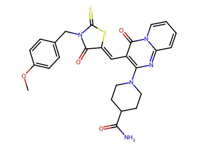 1-(3-{(Z)-[3-(4-methoxybenzyl)-4-oxo-2-thioxo-1,3-thiazolidin-5-ylidene]methyl}-4-oxo-4H-pyrido[1,2-a]pyrimidin-2-yl)piperidine-4-carboxamide structure