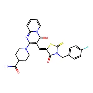 1-(3-{(Z)-[3-(4-fluorobenzyl)-4-oxo-2-thioxo-1,3-thiazolidin-5-ylidene]methyl}-4-oxo-4H-pyrido[1,2-a]pyrimidin-2-yl)piperidine-4-carboxamide structure
