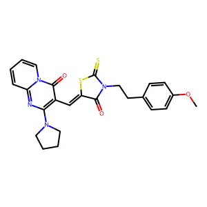 3-[(Z)-{3-[2-(4-methoxyphenyl)ethyl]-4-oxo-2-thioxo-1,3-thiazolidin-5-ylidene}methyl]-2-(pyrrolidin-1-yl)-4H-pyrido[1,2-a]pyrimidin-4-one structure