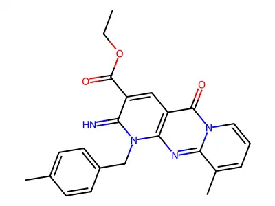 Ethyl 2-imino-10-methyl-1-[(4-methylphenyl)methyl]-5-oxo-1,6-dihydropyridino[2,3-d]pyridino[1,2-a]pyrimidine-3-carboxylate structure