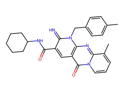 N-cyclohexyl-2-imino-10-methyl-1-(4-methylbenzyl)-5-oxo-1,5-dihydro-2H-dipyrido[1,2-a:2',3'-d]pyrimidine-3-carboxamide structure