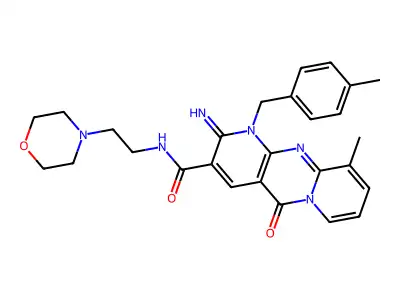 2-imino-10-methyl-1-(4-methylbenzyl)-N-[2-(morpholin-4-yl)ethyl]-5-oxo-1,5-dihydro-2H-dipyrido[1,2-a:2',3'-d]pyrimidine-3-carboxamide structure